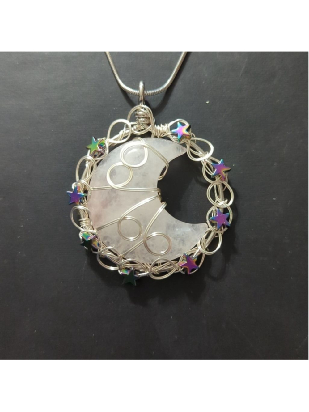 Silver Tone Wire Wrap Pink Rose Quartz Gemstone Crescent Moon Pendant Necklace - Picture 1 of 3